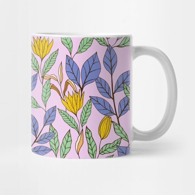 Tropical leaves and flowers botanical pattern in lavender by Natalisa